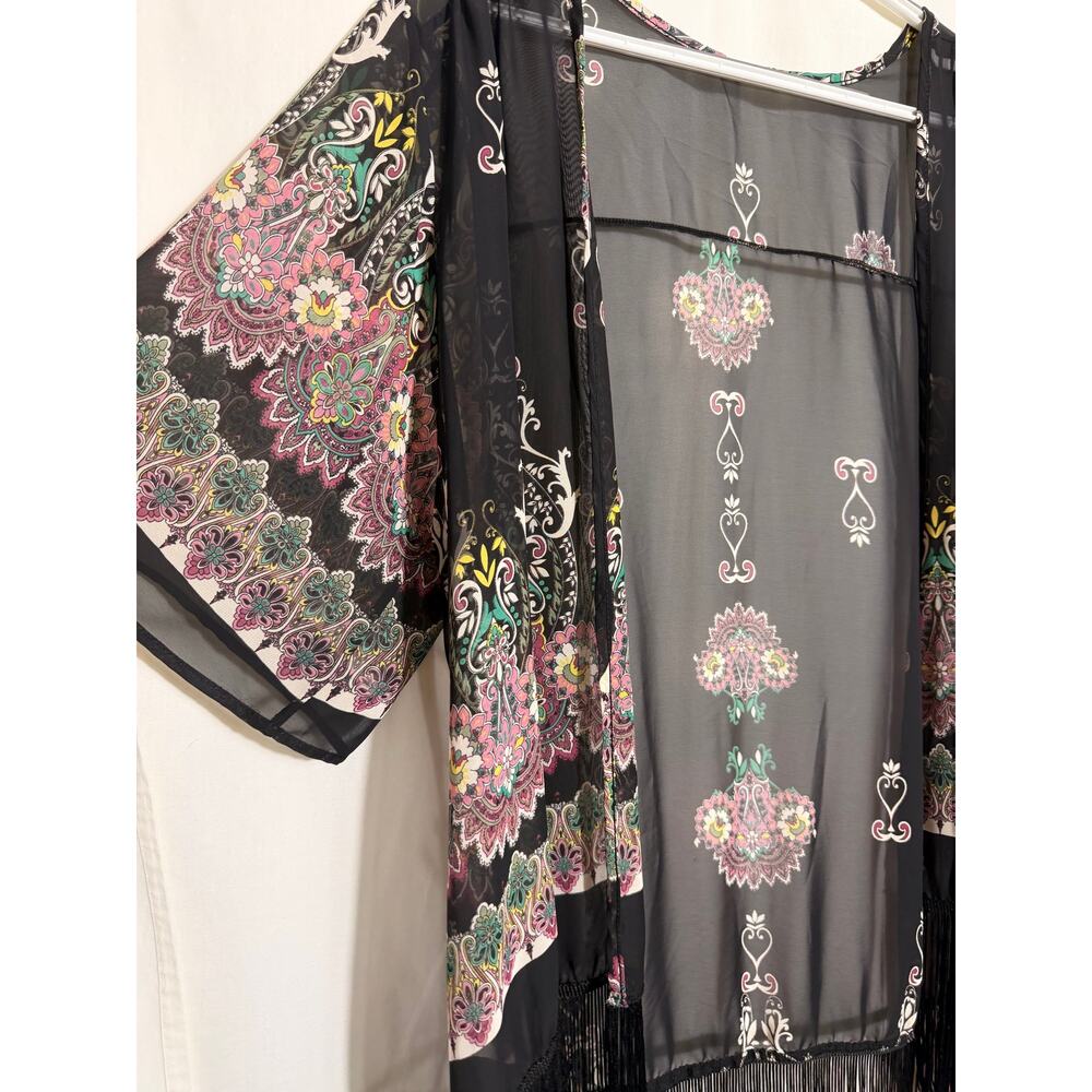 Olive Tree Fringe Kimono Cardigan Large Sheer Boho Paisley Duster - Picture 2 of 7